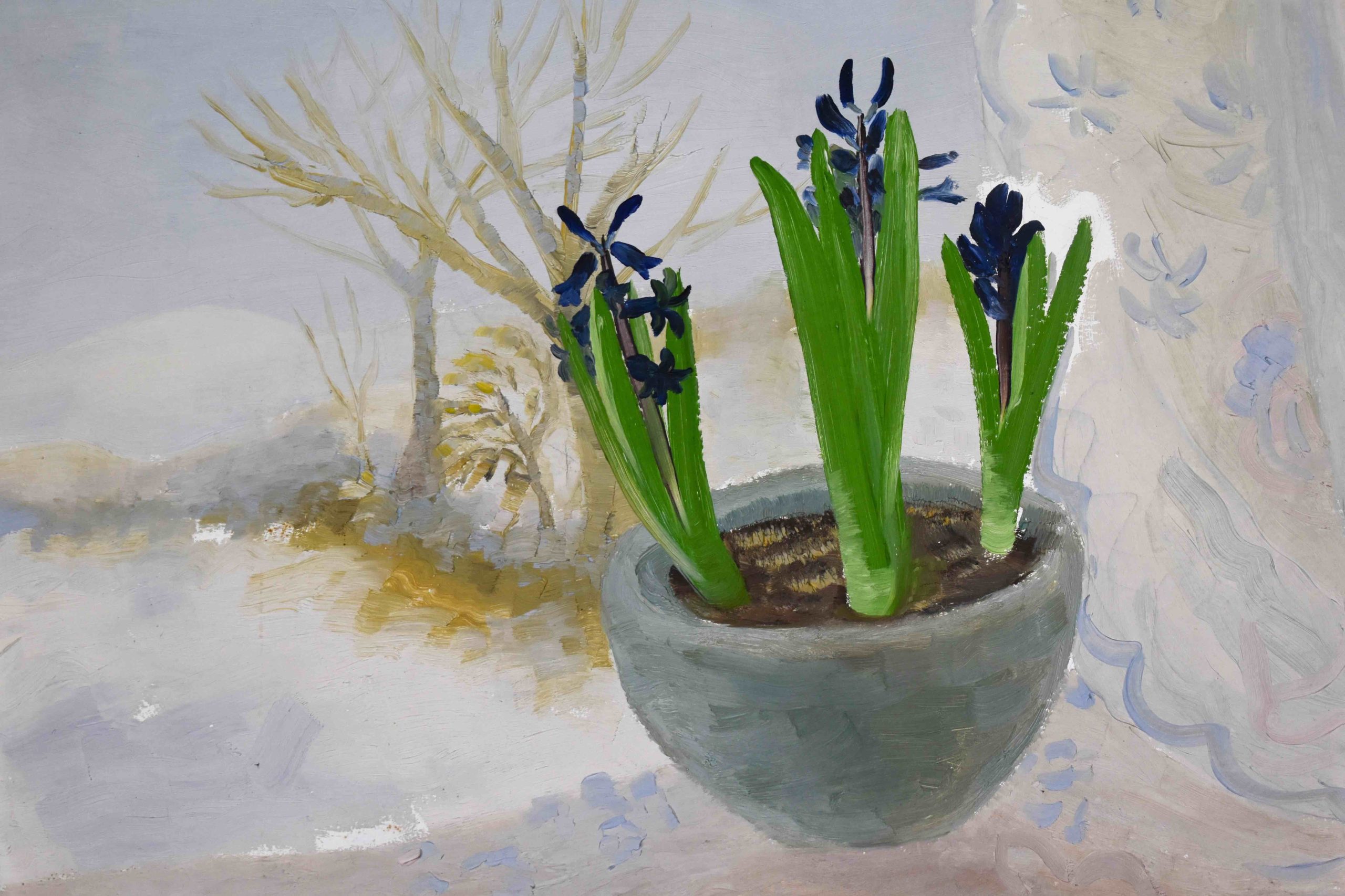 A painting of Blue Hyacinths In A Winter Landscape by Winifred Nicholson